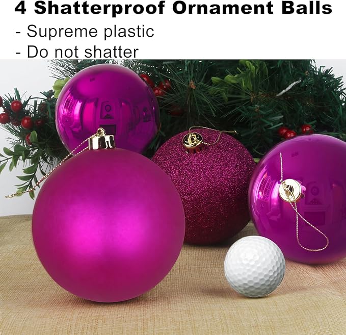 Fuchsia 4.0" Large Christmas Balls - Christmas Tree Decoration Ornaments Shatterproof Hanging Balls for Birthday Halloween Holiday Wedding Decorations Set of 4pcs