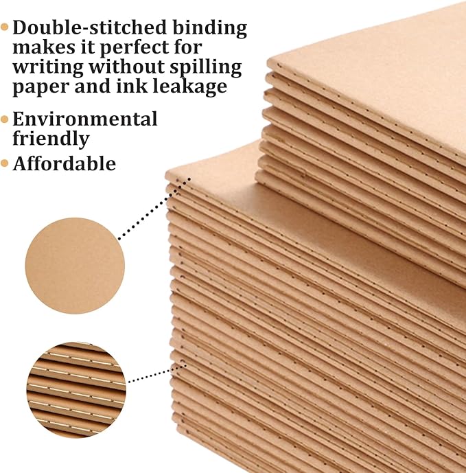 Bulk A5 Journal Notebook, Kraft Cover 60 Pages Lined Paper Journal for Traveler, Notes, Memo - Bulk Journals Sewn Brown Notebook for School Supplies, Office Supplie (line 60pages, 30pack)