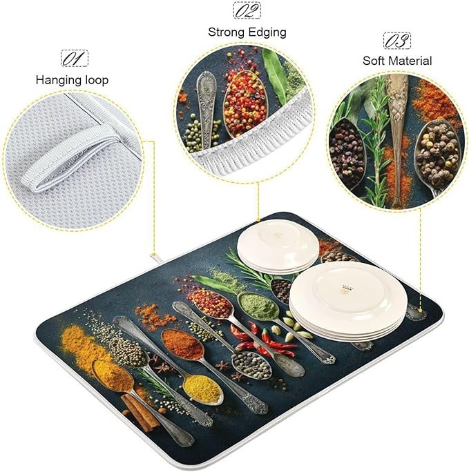 Cooking Herbs Spices Dish Drying Mat for Kitchen 16 X 18 Inches Dry Dishes Pads Mats Tableware Protector Countertops Counter Mat Home Decorations