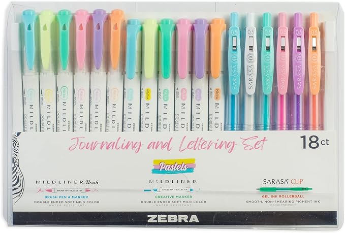 Zebra Pen Journaling and Lettering Set, 18-Pack Pastel Colors, Includes 6 Mildliner Highlighters, 6 Brush Pens, and 6 Sarasa Clip Gel Pens, Ideal for Creative Planning and Hand Lettering (76018)