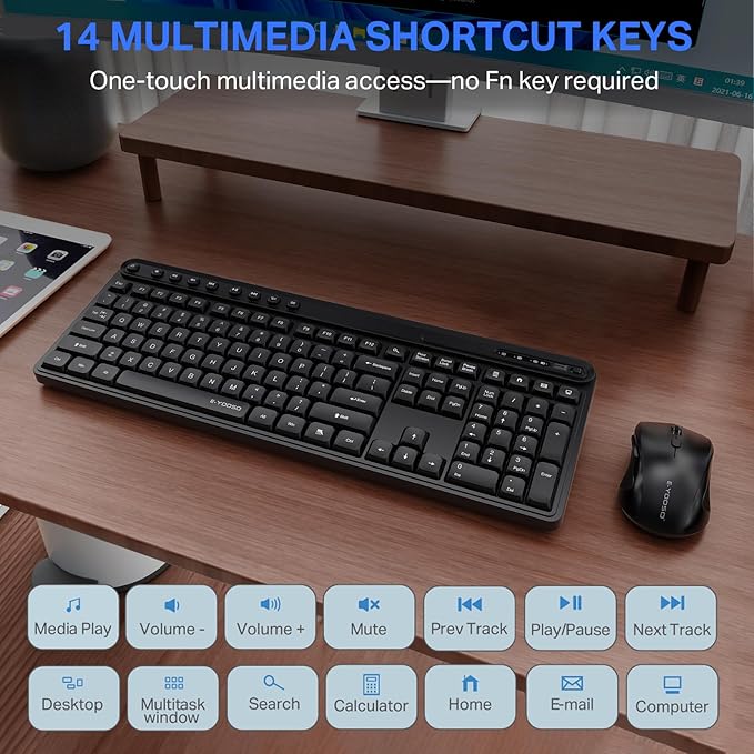 Wireless Keyboard and Mouse Combo, E-YOOSO Full-Sized Computer Wireless Keyboard and Optical Mouse, 2.4Ghz USB Lag-Free Cordless Combo, for Windows, Mac OS PC/Desktop/Laptop