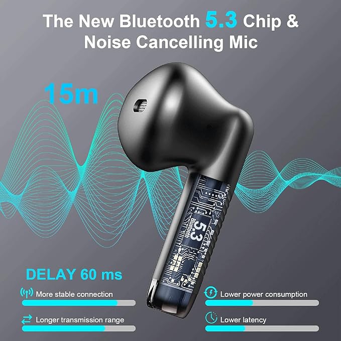 Jxrev Wireless Earbuds, Bluetooth 5.4 Headphones HI-FI Stereo, Ear Buds with 4 ENC Noise Cancelling Mic, 32H Playtime Wireless Earphones Type-C Fast Charging, IP7 Waterproof, Touch Control, Tiny Size