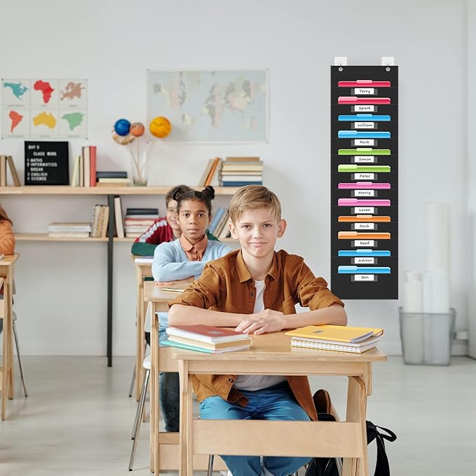 REGELETO 12 Pockets File Storage Pocket Chart with 12 Nametag Pockets,Hanging Wall File Organizer for Classroom and Office, Organize Your Assignments, Files, Scrapbooks, Paper (Black)