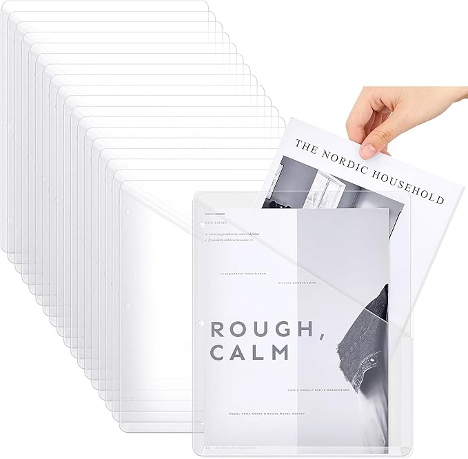 Seajan 24 Pcs Pocket Folders for 3 Ring Binder Clear Plastic Folders Sleeves with 2 Pockets 3 Hole Punch Binder Dividers Poly Slash File Jackets for Office School Document Organizer (White)