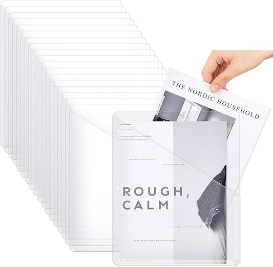 Seajan 24 Pcs Pocket Folders for 3 Ring Binder Clear Plastic Folders Sleeves with 2 Pockets 3 Hole Punch Binder Dividers Poly Slash File Jackets for Office School Document Organizer (White)