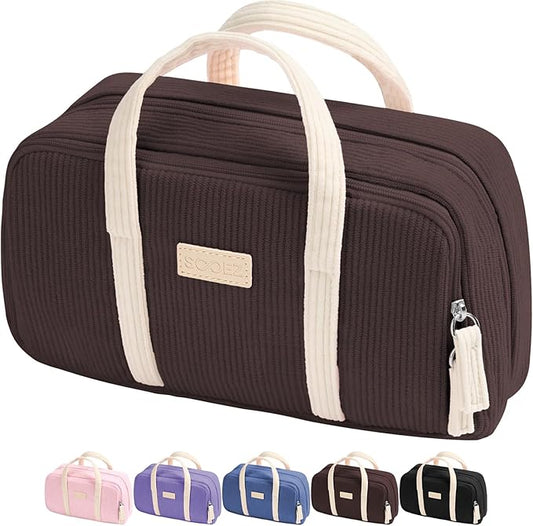 Sooez Large Pencil Case Pouch, Extra Big Pencil Bag with 5 Compartments, Pen Case Wide Opening, Soft Corduroy Pen Bag Organizer with Zipper, Cute Aesthetic School Supplies for Teen Girls, Brown