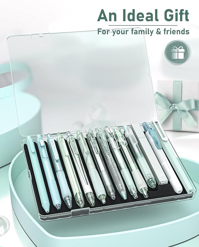 Four Candies 14Pack Pastel Gel Ink Pen Set,Cute Retractable 0.5mm Fine Point Pen,Note Taking Aesthetic Pens,12 Pack Black Ink Pens with 2Pack Highlighter, Smooth Writing Pens for School, Office(Green)