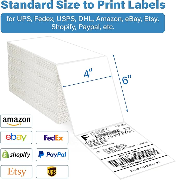 LotFancy 4x6 Thermal Labels, 3600 Shipping Labels Fanfold, 2 Stacks (1800 PCS per Stack), Perforated Mailing Postage Label, Permanent Adhesive, Address Label Compatible with Zebra, Rollo, Munbyn