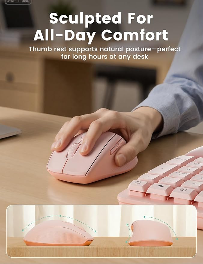Pink Quiet Wireless Keyboard and Mouse Combo, 2.4G Ergonomic Wave Key Board with Cushioned Plam Rest, Full-Size Soft Typing Keyboards, 3 DPI Adjustable Silent Mouse for Computer/Laptop/Windows/Mac
