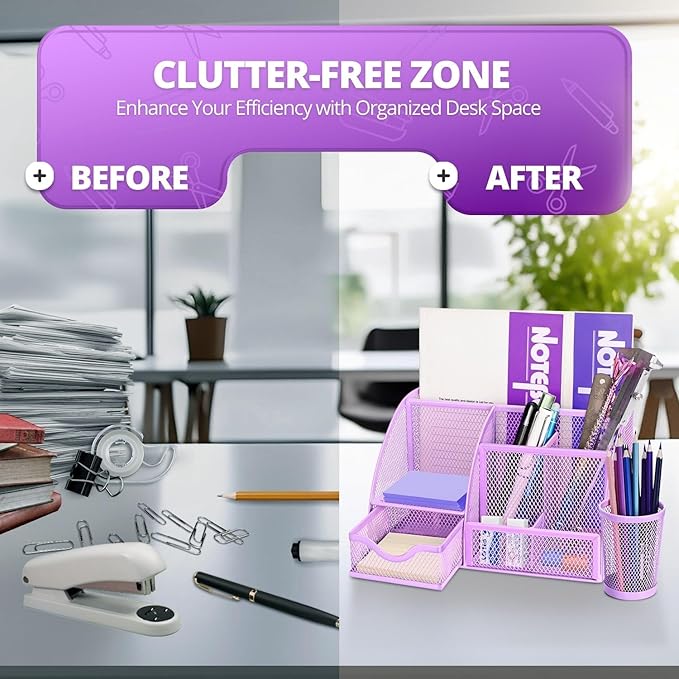 Flexzion Desk Caddy Organizer Set (Purple) - Metal Mesh Desktop Caddy with Drawers, 6 Compartments, and Pencil Holder for Women & Men - Desktop Organizer and Storage for Work or Office Supplies