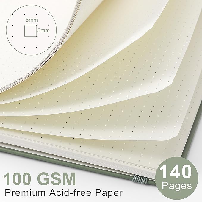 RETTACY Bullet Dotted Journal Notebook, 140 Pages, A5 Medium Size (5.7'' x 8.3''), Hardcover, 100 GSM Thick Paper, for Bullet Journaling, Planning, Tracking (Light Green)