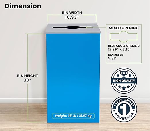Alpine Commercial Indoor Recycle Bin with Lid - 29 Gallon Blue Recycle Bin Recycle Trash Can Office Recycling Bins, Metal Recycling Container with Stickers & 3 Optional Lids Sold Separately