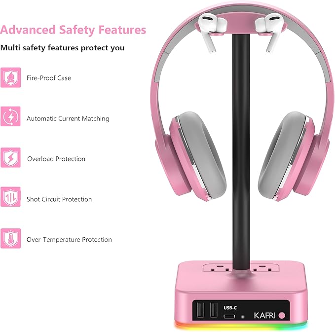 KAFRI RGB Headphone Stand with USB Charger Desk Gaming Headset Holder Hanger Rack with 3 USB Charging Port and 2 Outlet - Suitable for Gamer Desktop Table Game Earphone Accessories Girlfriend Gift