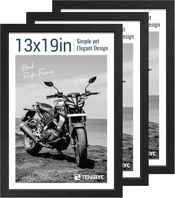 13x19 Picture Frame 3 pk, Textured Black Solid Wood Poster Frame, HD Tempered Glass, Wall Gallery Frame
