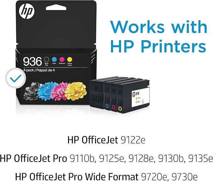 HP 936 Black, Cyan, Magenta, Yellow Ink Cartridges (4-Pack) | Works with OfficeJet 9120, Pro 9110, 9120, 9130, Wide Format 9730 | Eligible for Instant Ink | 6C3Z5LN | Packaging May Vary