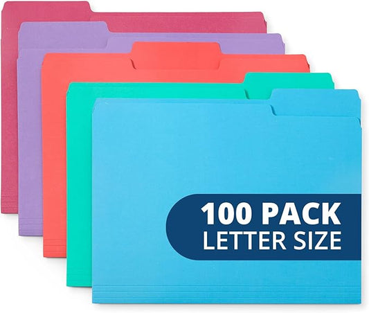 100 Blue Summit Supplies Colored File Folders Letter Size 1/3 Cut Tabs - Pastel File Folders, Colorful File Folders Multicolor, Durable 11pt Paper