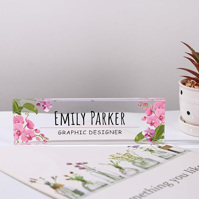 Custom Name Plate for Desk, Personalized Acrylic Office Name Sign with Name & Title, Elegant Desk Decor for Women Men, Employee Appreciation Gift (Orchid)