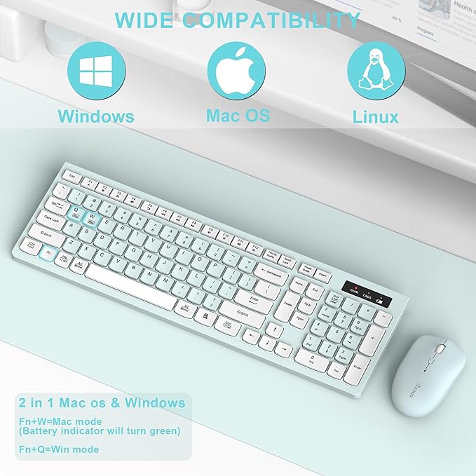 Wireless Keyboard and Mouse Combo, Full-Sized Wireless Keyboard and Adjustable DPI Mouse, 2.4GHz USB Receiver, Keyboard and Mouse for PC, Windows, Desktop, Laptop (Mint Green and White)