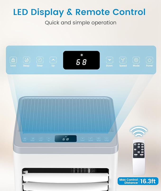 Portable Air Conditioner 10000 BTU Cools Up to 450 Sq. Ft., 3-in-1 Modes Portable AC Unit Remote Control, LED Display, Auto Shutoff, AC with Window Kits for Bedroom, Home, Office, White