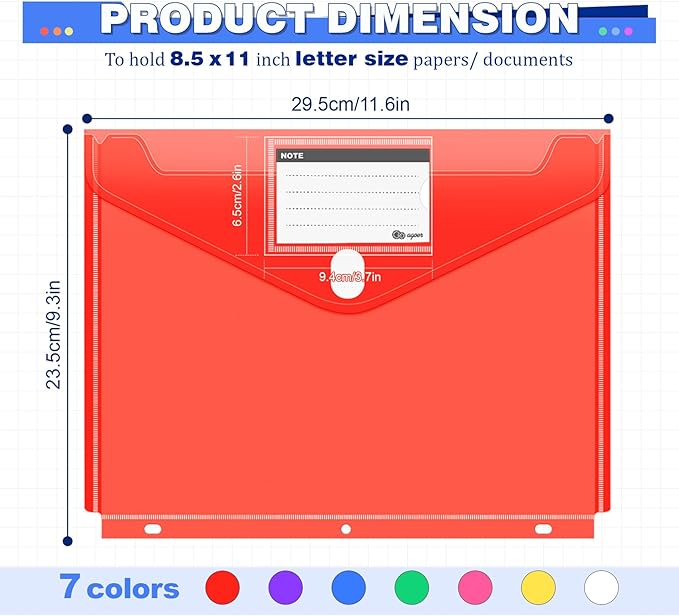 28pcs Binder Folders with Space-Saving Closure and Label Pocket, Super Heavyweight Plastic File Envelopes for 3 Ring, 7 Colors Letter Size Side Loading Binder Pockets Organizer for School
