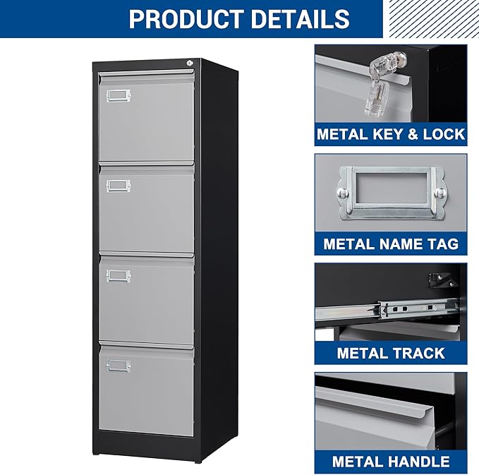 File Cabinets - 4 Drawers Vertical 17.8" Deep Lockable Filing Cabinet - Black & Gray Metal Storage Cabinets for Home Office to Hanging Files Letter/Legal/F4/A4 Size
