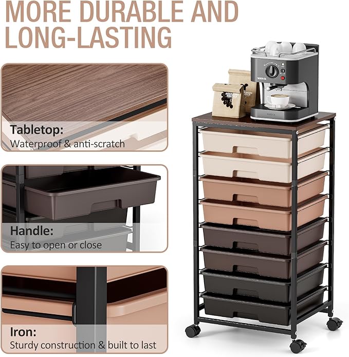 TOOLF Rolling Carts with Wheels, 8-Drawer Utility Cart, Wooden Tabletop Storage Cart for Office, Arts & Crafts, Classroom, Bedroom, Brown