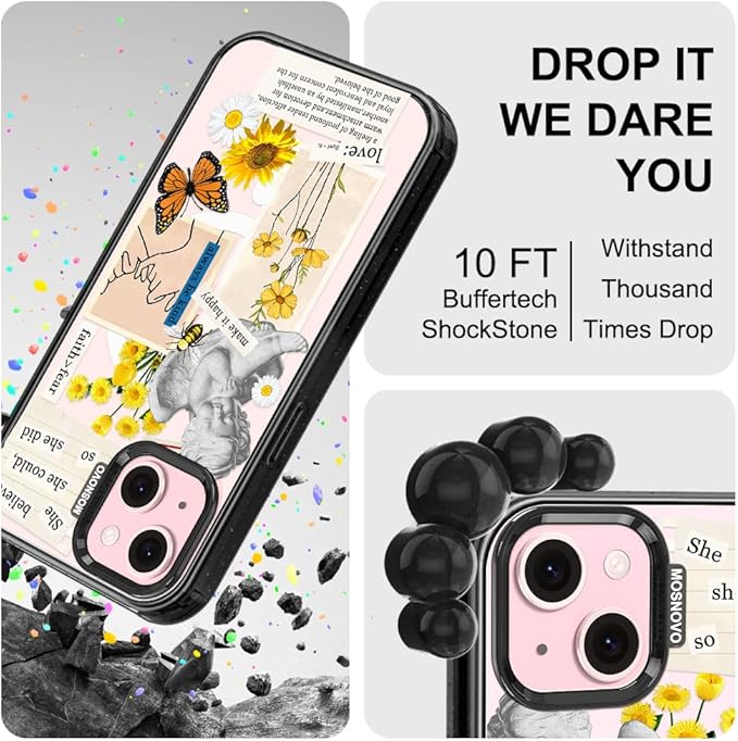 MOSNOVO Magnetic Case for iPhone 15, 10ft Military-Grade Protection, Compatible with Magsafe, Shockproof Phone Case for iPhone 15 - Vintage Collage Art - Clear Black