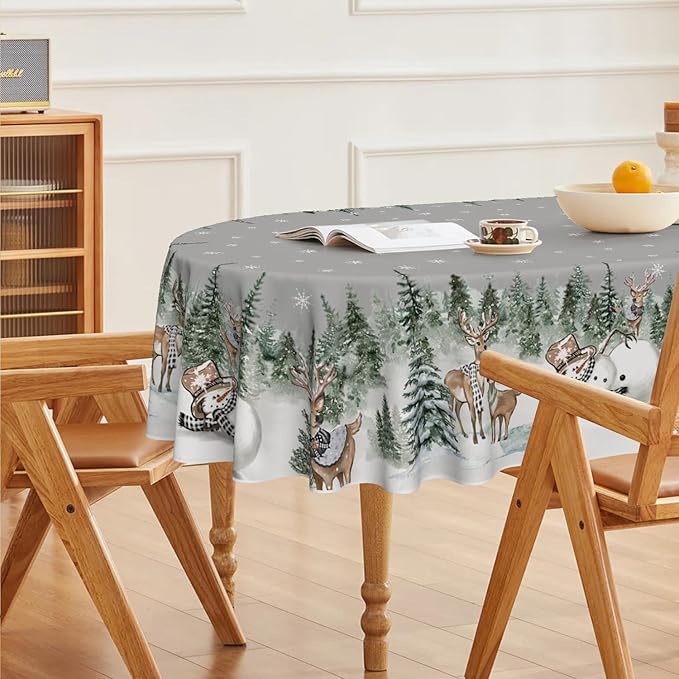 Horaldaily Christmas Tablecloth 60×84 Inch Oval, Deers Snowman Trees Grey Washable Table Cover for Party Picnic Dinner Decor