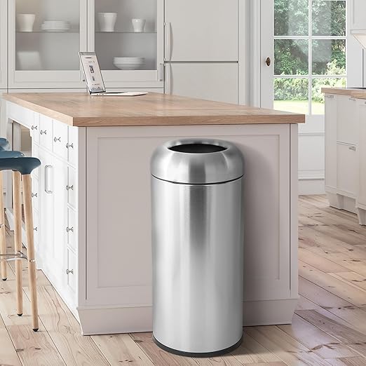 WICHEMI 16 Gallon Commercial Large Trash Can, Bullet Outdoor Trash Bin with Open Top Lid, Brushed Stainless Steel Garbage Can, Silver