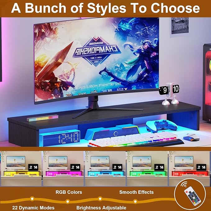 Dual Monitor Stand Riser for Desk with LED Lights, Large Computer Monitor Stand for 2 Monitors, Desk Shelf for Top of Desk, Desktop Organizer for Computer, Laptop, Printer, TV