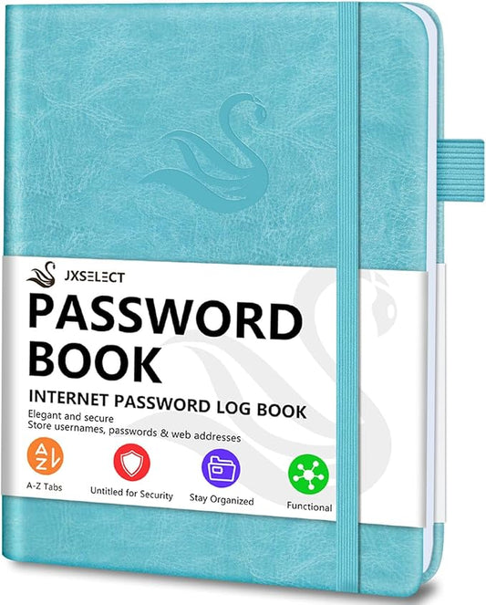 Elegant Password Book with Alphabetical Tabs - Hardcover Password Book for Internet Website Address Login - 7" x 10" Password Keeper and Organizer w/Notes Section & Back Pocket (Turquoise)