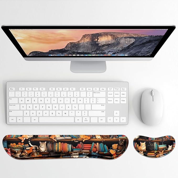 Dapesuom Enlarge Keyboard Wrist Rest, Memory Foam Wrist Cushion for Desk Mats Support, Cute Typing Pain Relief Keyboard Mouse Pad Rests Set with Non-Slip Base for Gaming Laptop Computer, Library Cats