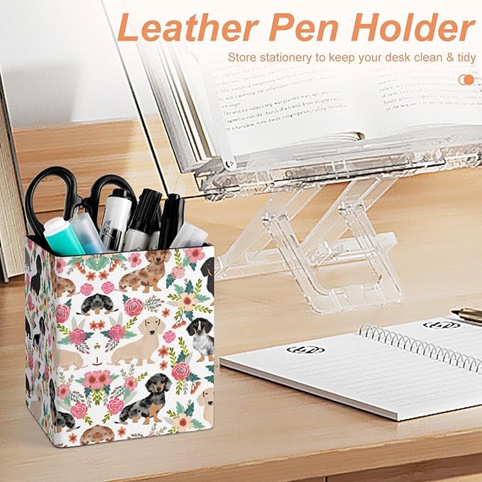 Square Pen Holder & Pencil Organizer for Desk - Office Storage Organizer, Markers/Makeup Brushes/Scissors Holder, Compact Desk Decor Accessories for Home Classroom School(Dachshund)