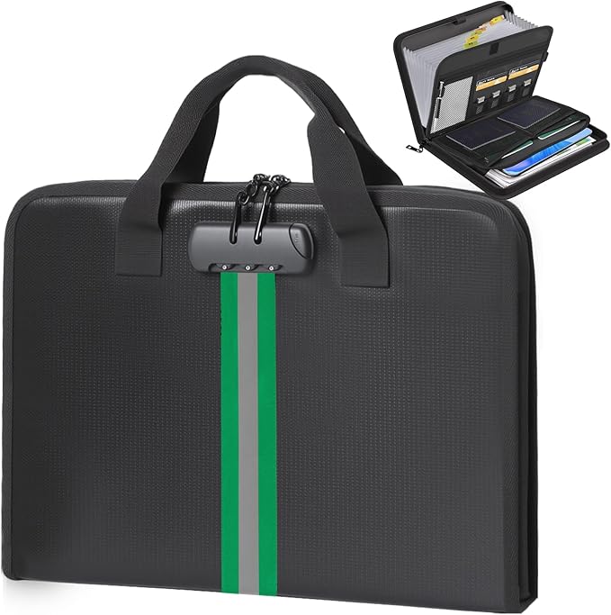 Accordion File Organizer with Combination Lock,Fireproof Expanding File Folder with Multi Pockets,13 Pockets Document Organizer with Handle & Labels,Portable Home Travel Safe Storage Letter A4 Files