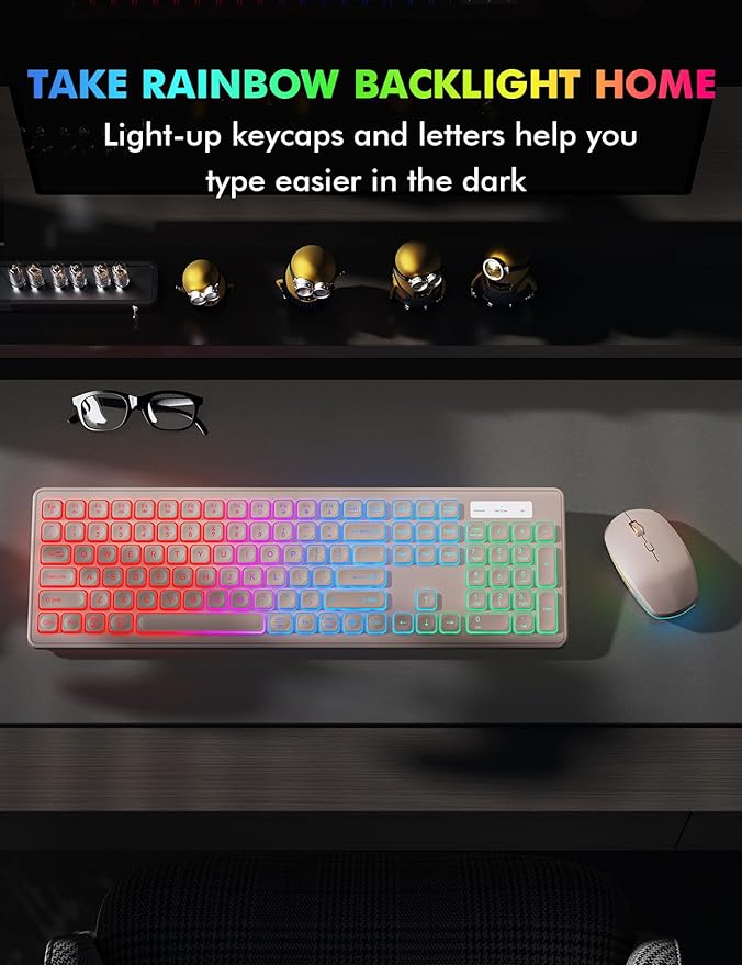 Wireless Keyboard and Mouse Combo - RGB Backlit, Rechargeable & Light Up Letters, Full-Size, Ergonomic Tilt Angle, Sleep Mode, 2.4GHz Quiet Keyboard Mouse for Mac, Windows, Laptop, PC, Trueque, Pink