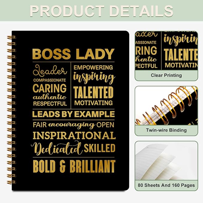 CFGBFDGH 2Pcs Boss Lady Spiral Notebooks for Work, A5 Hardcover Notebook Journal for Women, 8.3x5.8inch 160 Pages Business Notebook Travel Journal for Writing, Boss Lady Gifts for Women Entrepreneurs