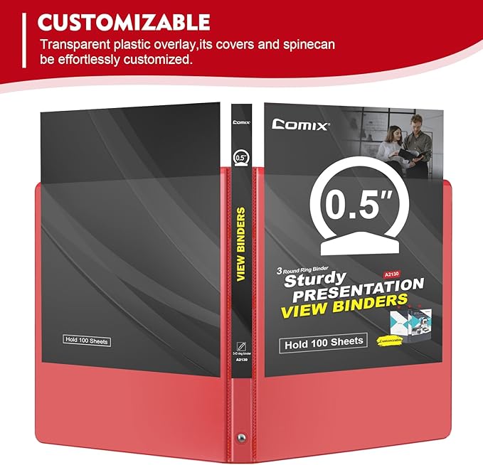 COMIX 3 Ring Binder 1/2 inch with Clear View Cover, 0.5" View Binder Holds 200 Sheets of US Letter Size Paper, 6 Pack (Red)