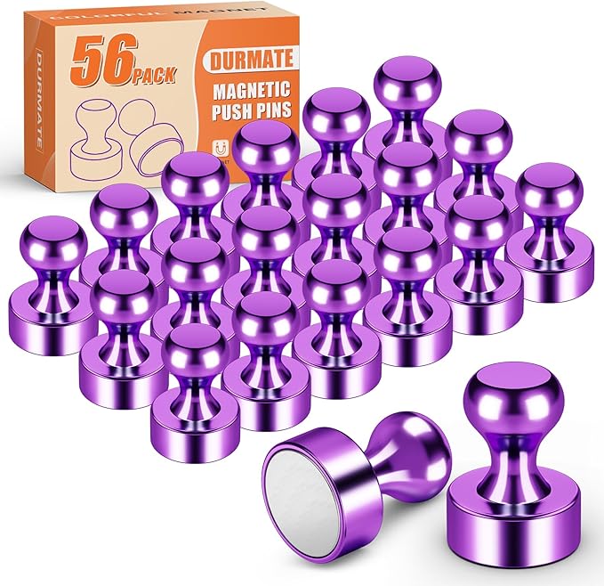 Strong Whiteboard Magnets, Small Magnetic Push Pins, Purple Metal Fridge Magnets, Magnetic Clips Heavy Duty for Office, Gadgets, Locker Accessories, Desk Accessories, Pack of 56