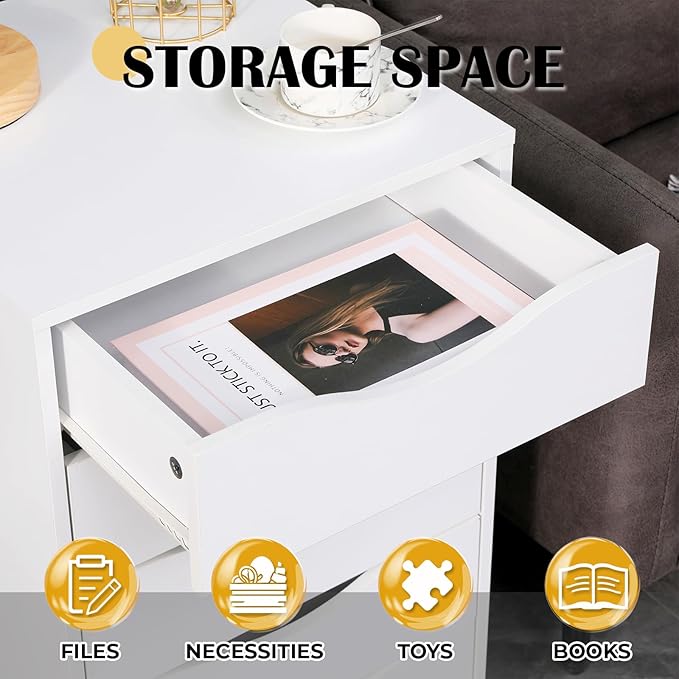 QDSSDECO 5 Drawer Chest Wood File Cabinet Rolling Storage Dresser with Wheels for Home Office, White