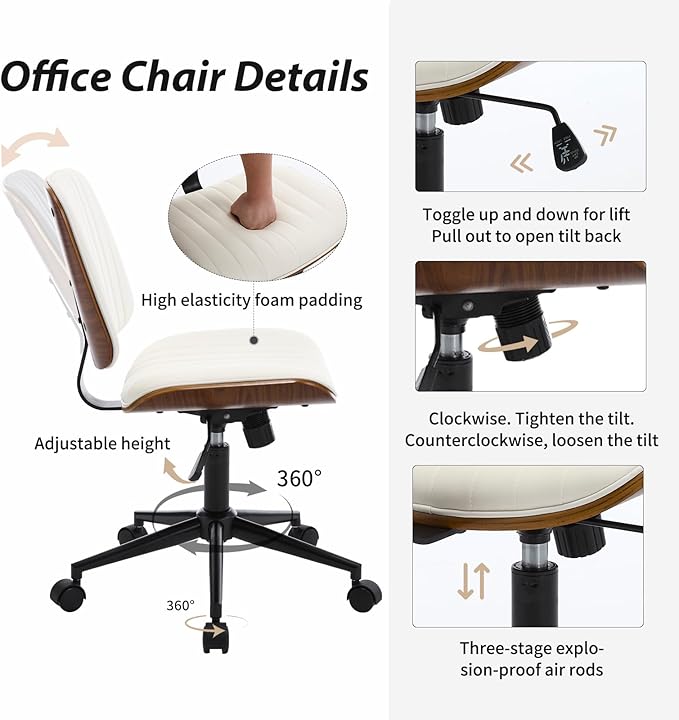 Small Home Office Chair - Armless Mid Back Desk Chair with 360° Swivel and Wheels, PU Upholstered Height Adjustable Modern Walnut Computer Chair for Home, Office Meeting Room - Black