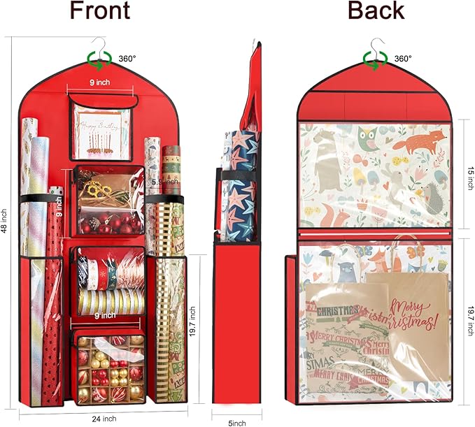 Hanging Gift Wrapping Paper Storage, 48x24 (Extra Large) Red Double-Sided Christmas Wrapper Bag Container, Oxford Long Craft Roll Organizer, Present Wrap Holder for Closet, Door