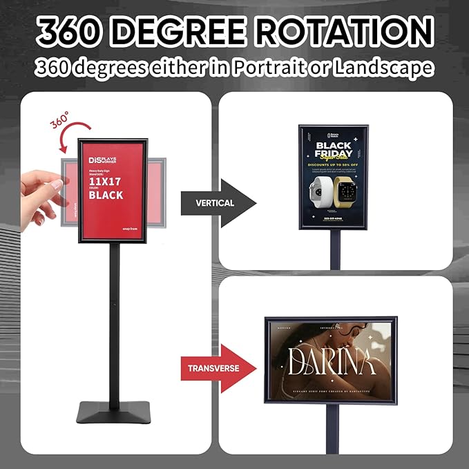 DISPLAYSWORKER Adjustable Heavy Duty Pedestal Sign holder floor Stand,sign stand poster stand ,Standing Floor for 11 x 17 inch,Vertical/Horizontal View,Black