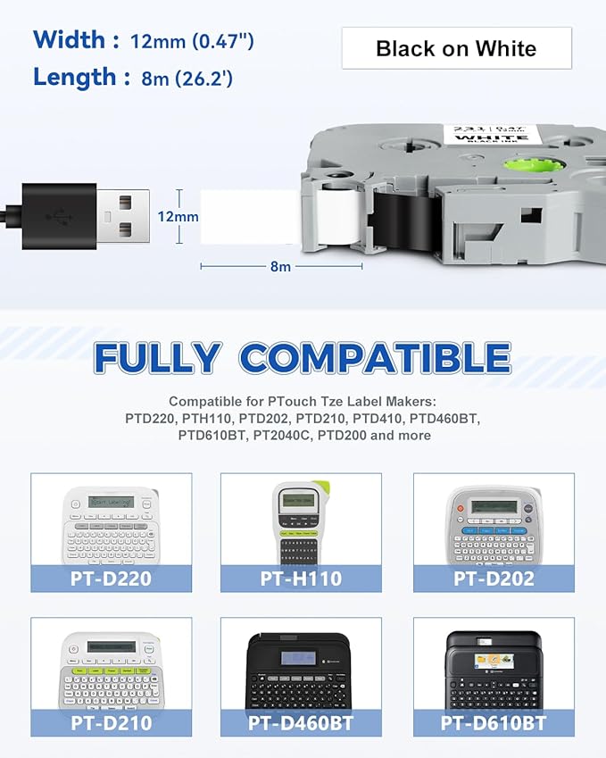 3-Pack Tze-231 12mm 0.47" White Label Maker Tape Compatible for Brother P Touch Label Tape Tze Tz 12mm 0.47" Laminated White Tze231 1/2" for PTouch PT-D220 PT-D210 PT-D200 PTD400 PT-D610BT