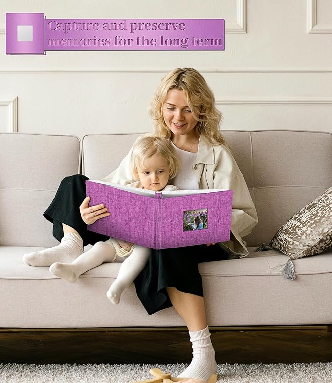 Photo Album Self Adhesive Scrapbook Album for 3x5 4x6 5x7 8x10 Pictures,40 Pages Linen Cover with Display Window DIY Photo Book,Ideal Gifts for Family Travel Wedding Baby