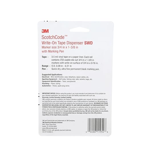 3M ScotchCode Wire Marker Write-On Dispenser with Tape and Pen SWD, 0.75 in x 1.375 in