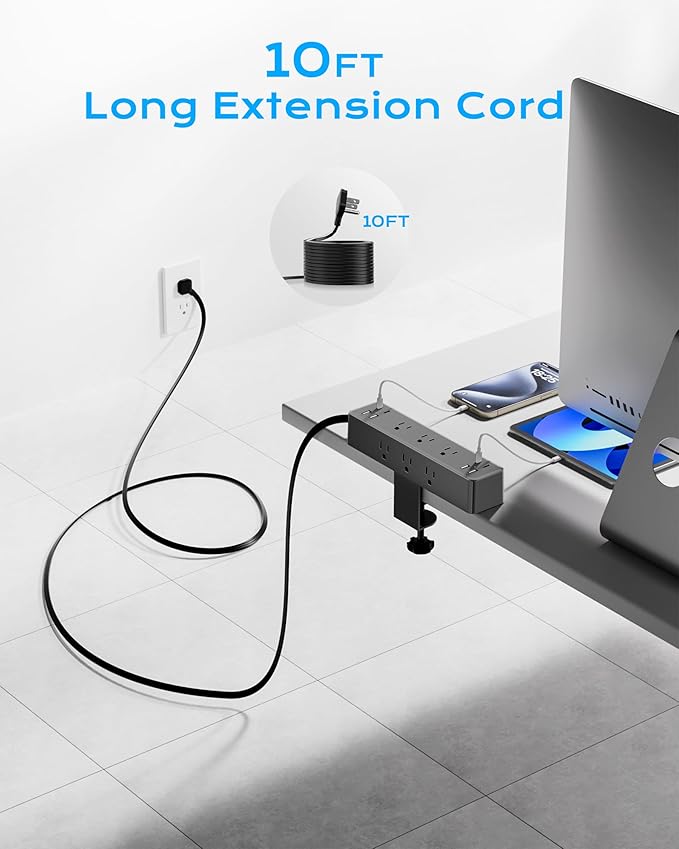 Flat Plug Desk Clamp Power Strip 10FT, 24W Total Charging Station, Desk Edge Mount Power Strip 9 AC Outlets 8 USB Ports Surge Protector, Fit 1.7" Tabletop Edge, Home Office Accessories