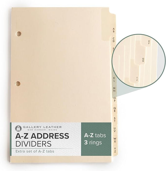 Gallery Leather A-Z Dividers for 3 Ring Binder - Binder and Address Book Alphabet Letter Tabs for Smooth Contact Organization