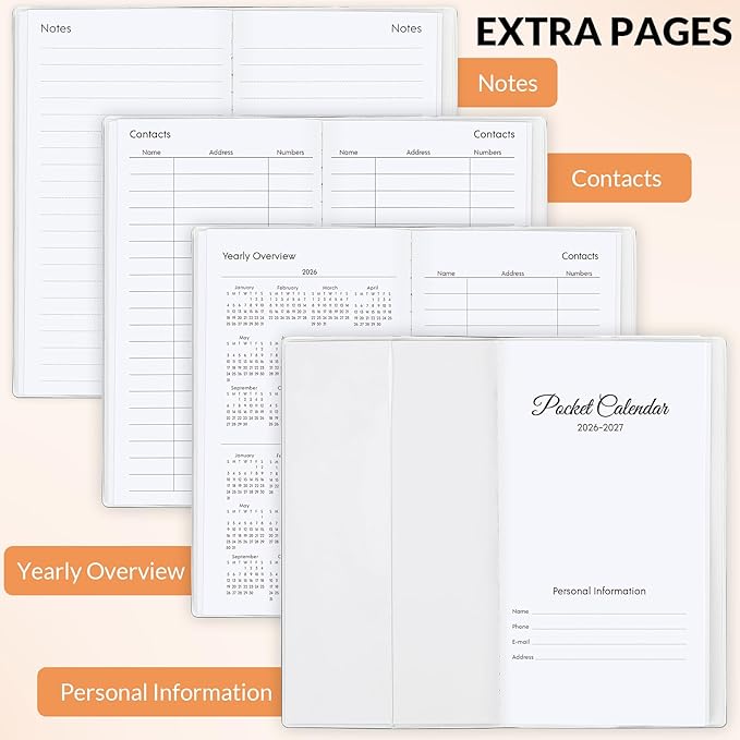 Pocket Calendar 2026-2027, Orange 2026-2027 Monthly Planner - 3.7" x 6.7" - Runs from January 2026 Until December 2027, 2026 Pocket Planner with PVC Cover for Home, School, Office Supplies