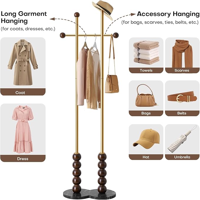 Metal Freestanding Coat Rack with Stainless Steel Double Rods & Marble Base, Hanging Clothes Rack for Entryway, Hallway, Bedroom, Living Room, Gold