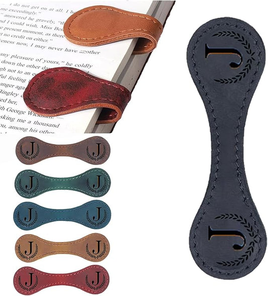 Personalized Magnetic Leather Bookmark, 26 Letters Custom Leather Bookmarks, Handmade, Leather Magnetic Bookmark for Book Lovers Readers Women Kid(Black，J）